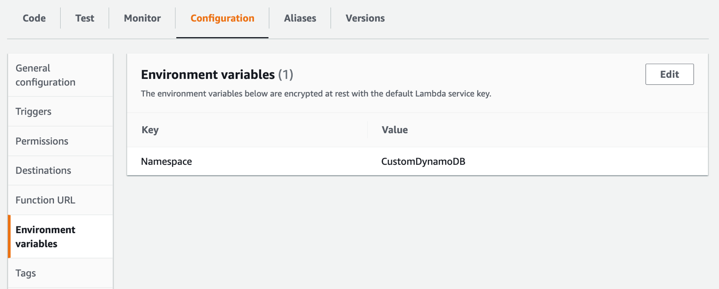 Figure 3: Specifying the namespace of the custom metrics using a Lambda configuration environment variable