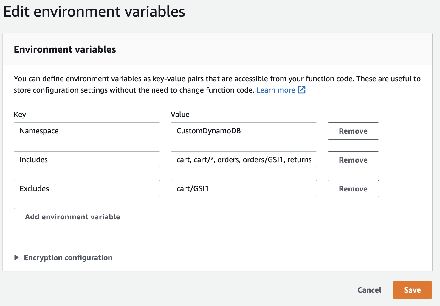 Figure 4: Use Includes and Excludes Lambda environment variables to control which metrics to track