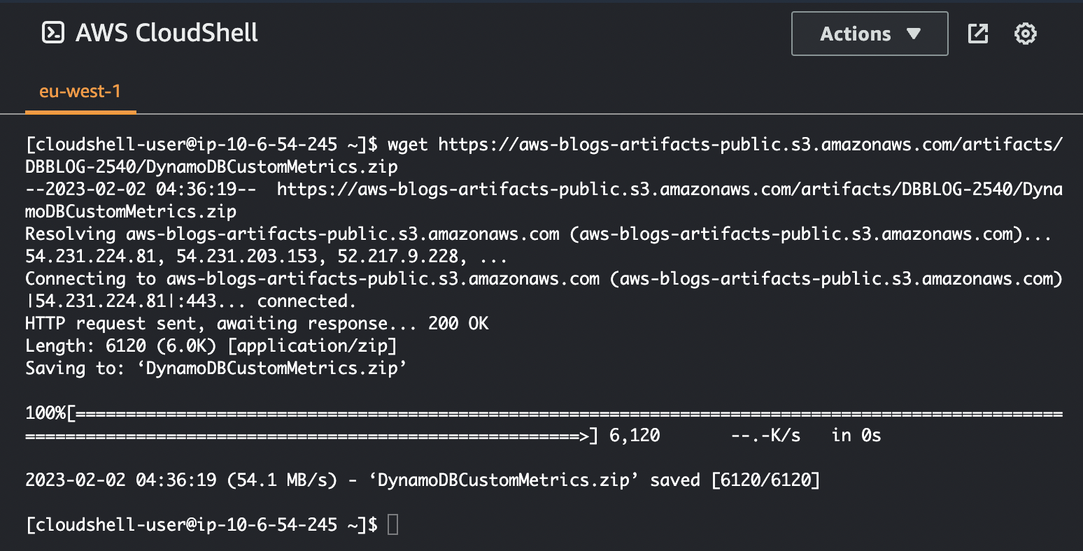 Figure 6: Pulling the .zip file into the CloudShell environment using wget