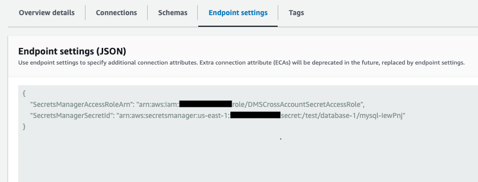 Endpoint settings showing configuration with IAM Role and Secrets