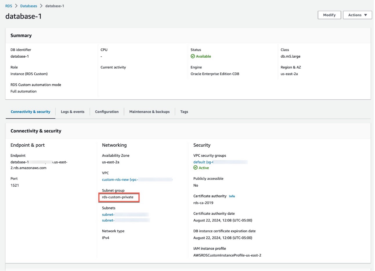 Subnet group for RDS Custom for Oracle