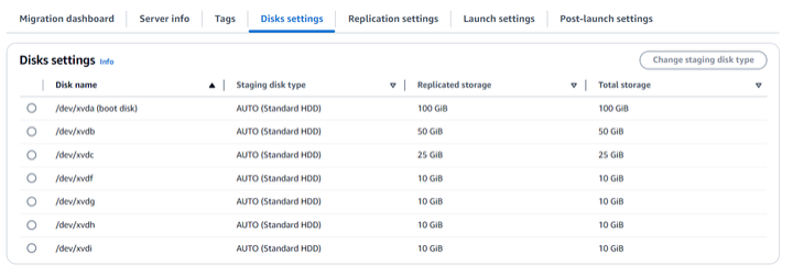 Example screenshot showing the “Disk settings” along with the list of disks to be replicated from source to target servers.