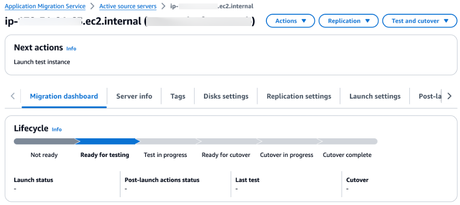 Example screenshot showing the AWS Application Migration Service interface with tabs for migration dashboard, server info, and settings. The lifecycle status indicates "Ready for testing."