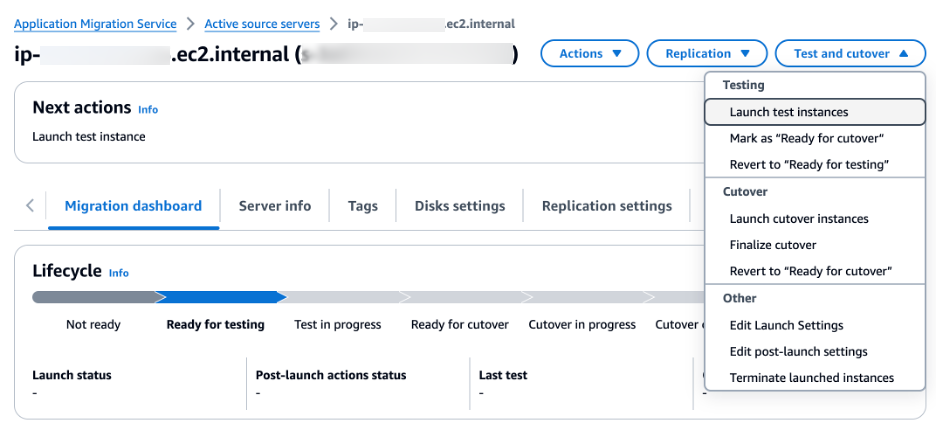 Example screenshot showing the AWS Application Migration Service interface with option to Launch test instances selected under Replication dropdown menu.