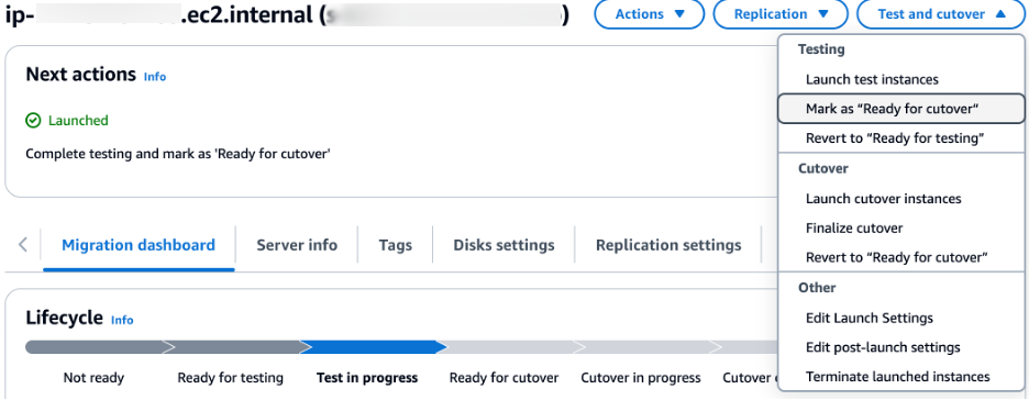 Example screenshot showing the AWS Application Migration Service interface with option to Mark as “Ready for cutover” selected under Replication dropdown menu.