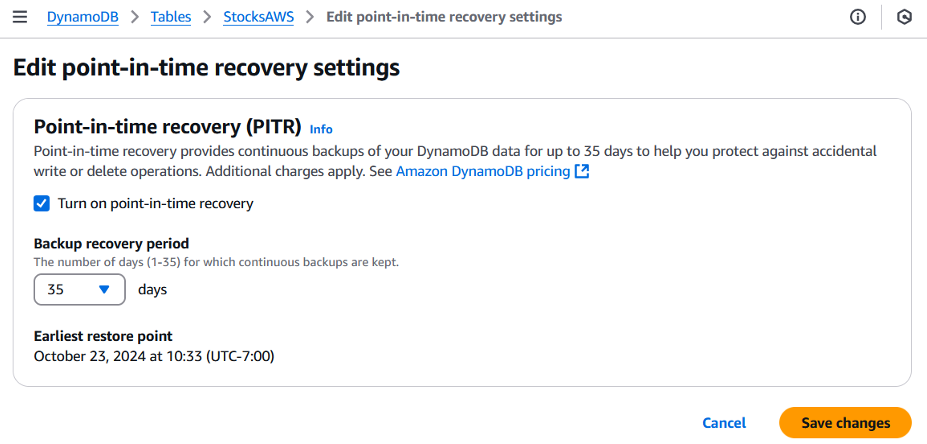 Console Edit PITR Settings