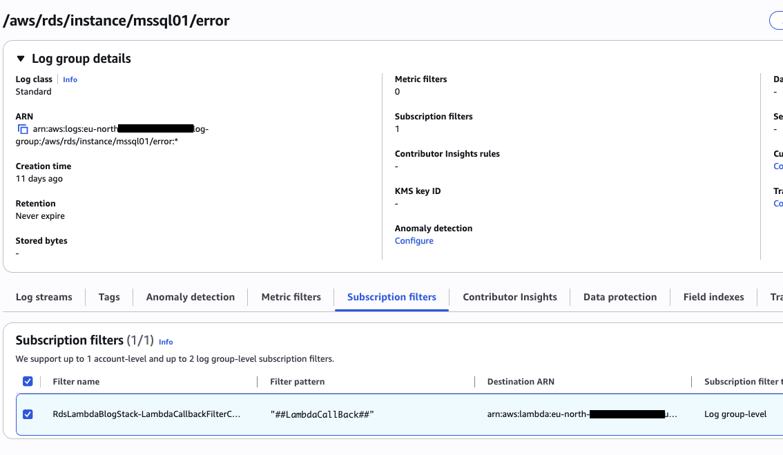 AWS CloudWatch console showing the subscription filters configuration for an RDS SQL Server instance error log group with one active Lambda callback filter.