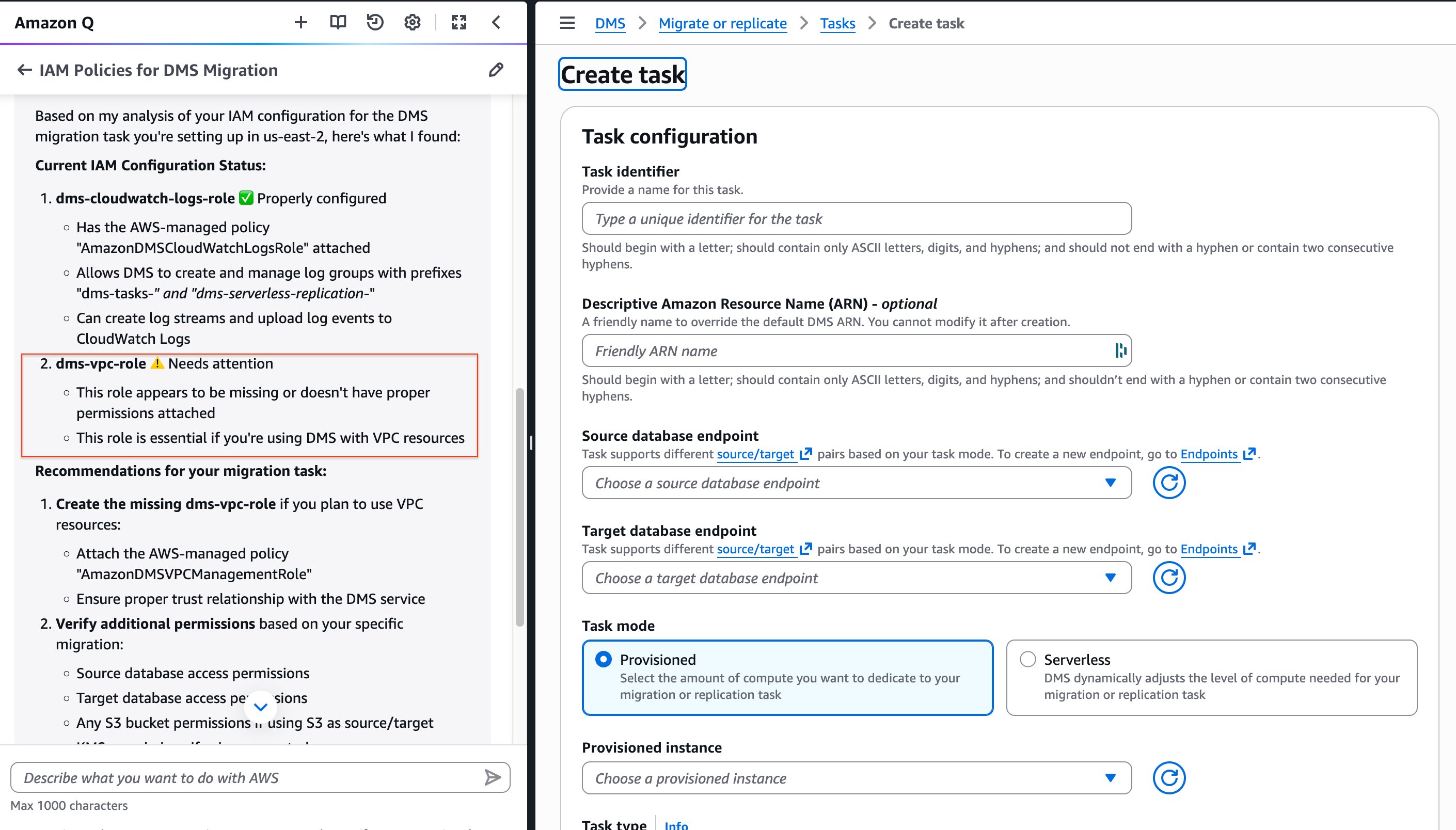 Screenshot of Amazon Q showing remediation steps for misconfigured dms-vpc-role IAM role