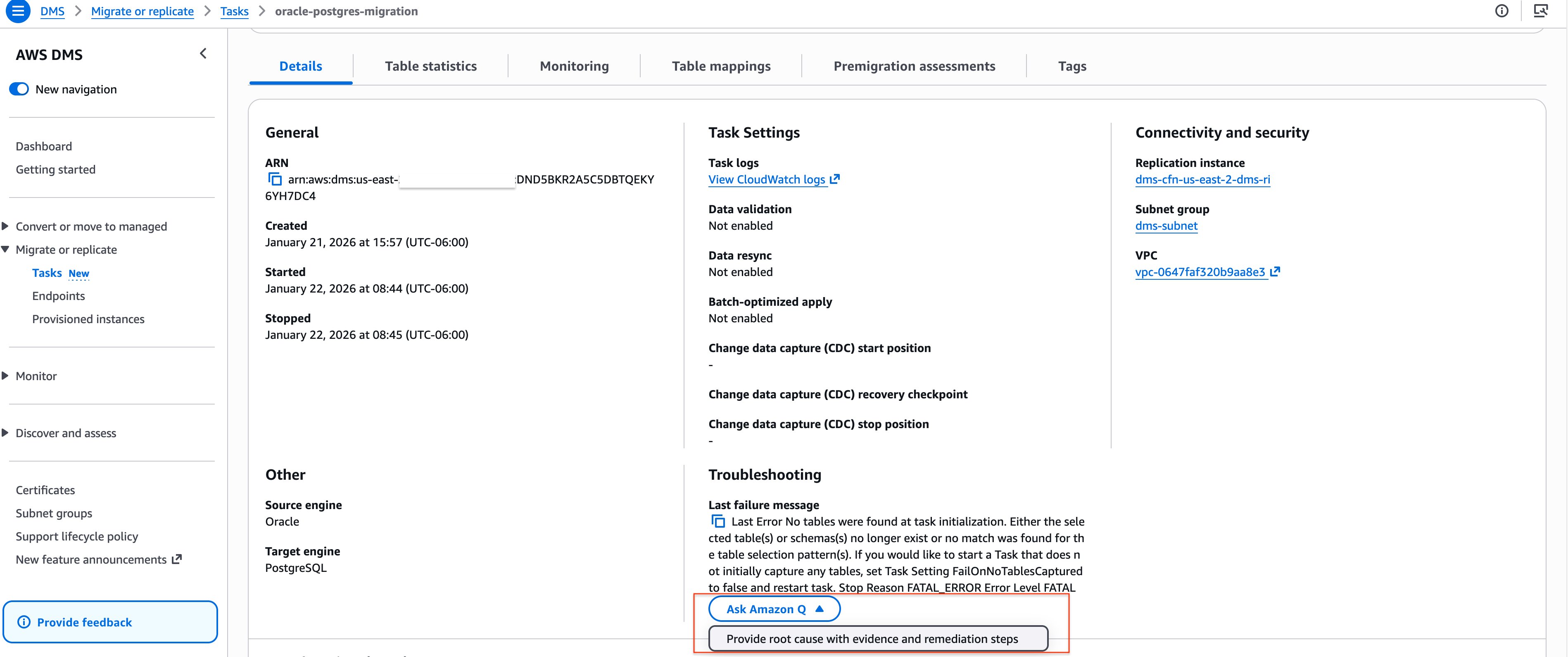 Screenshot displaying a failed DMS task with the Ask Amazon Q button for diagnosis and remediation