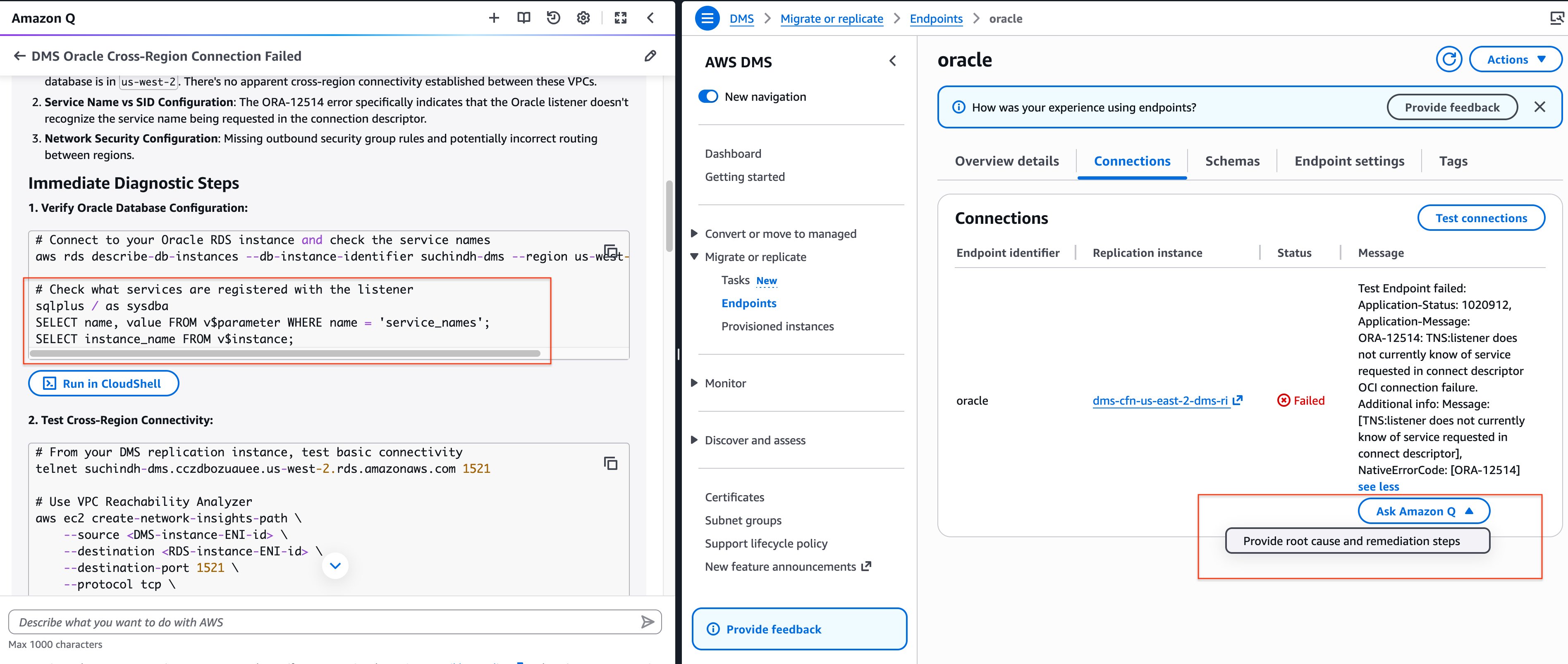 Screenshot of Amazon Q identifying an incorrect Oracle service name causing test connection failure