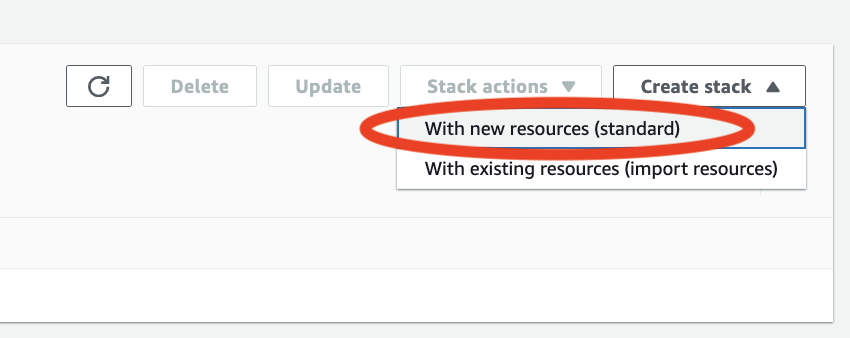 Create Stack Menu: AWS CloudFormation console dropdown menu showing "Create stack" button.