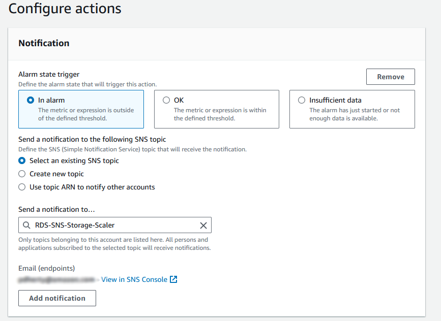 Notification Configuration: CloudWatch alarm action configuration showing notification settings.