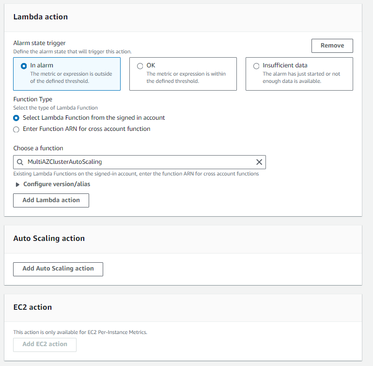 Lambda Action Configuration: Additional alarm actions section showing Lambda function configuration.