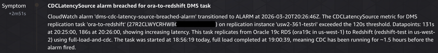 Symptom - CDCLatencySource alarm breached for ora-to-redshift DMS task