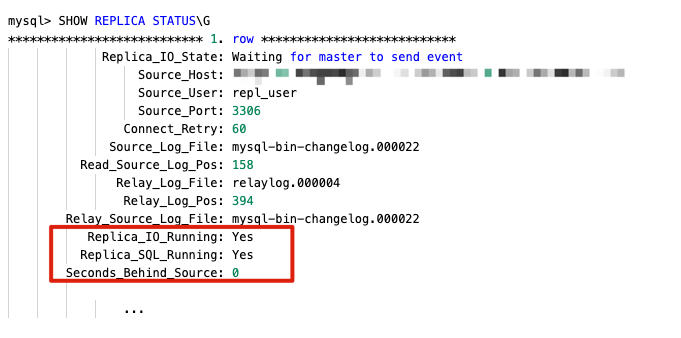 SHOW REPLICA STATUS output confirming Replica_IO_Running and Replica_SQL_Running are both Yes