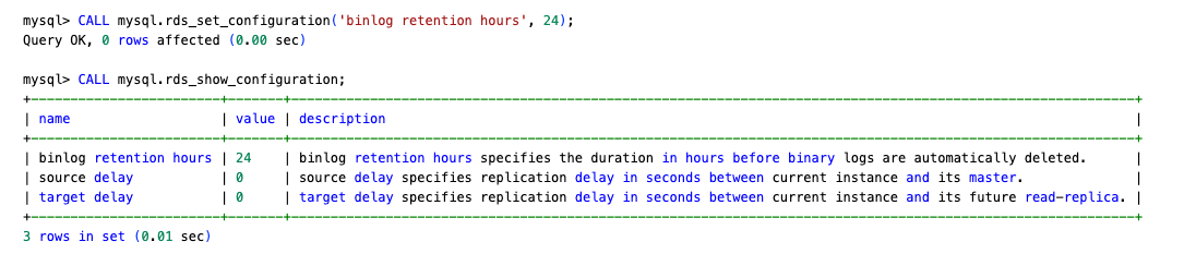 RDS console showing binlog retention hours configuration result