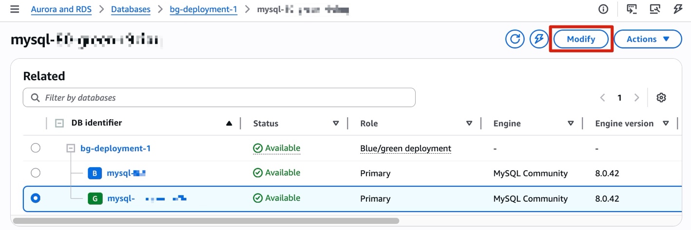 RDS console showing the green instance modification to upgrade to MySQL 8.4
