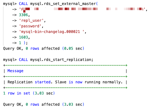 MySQL console output showing successful replication configuration with rds_set_external_master and rds_start_replication
