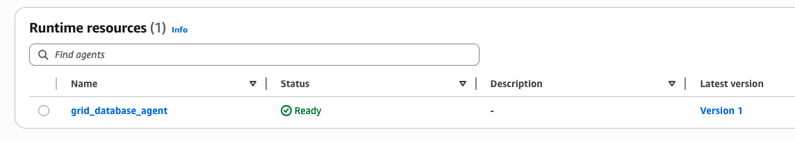 AgentCore Runtime deployment status showing grid_database_agent running