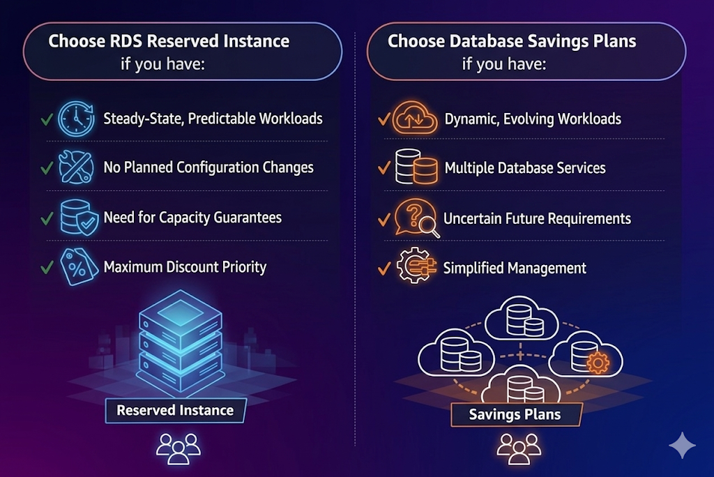 Comparison table showing when to use Reserved Instances versus Database Savings Plans