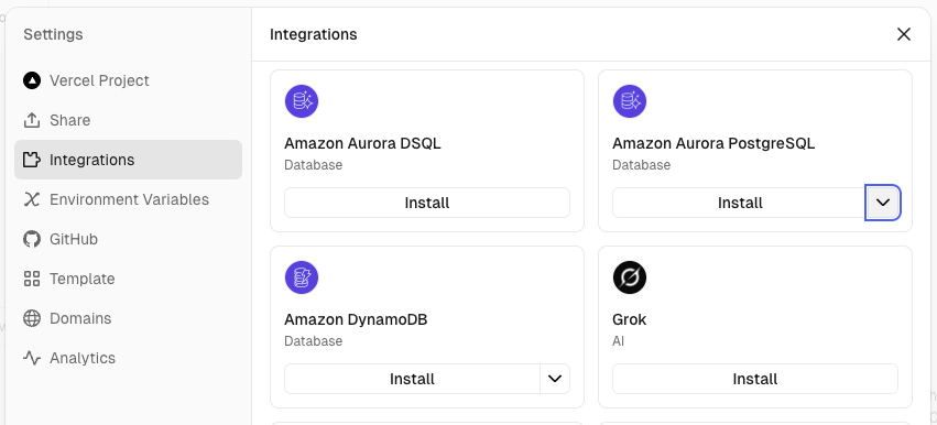 Vercel dashboard database tab showing the Connect Database option with AWS database choices