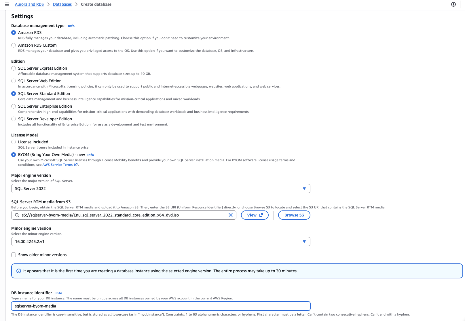 Amazon RDS Create database page configured for a SQL Server BYOM instance with the bring-your-own-media license model selected