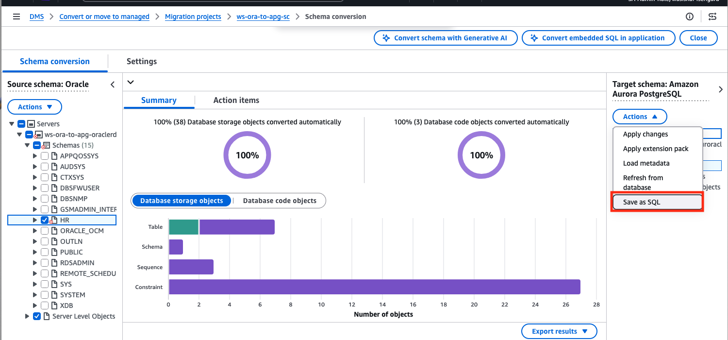 AWS DMS Schema conversion target panel with the hr schema selected and the Actions menu open with Save as SQL highlighted