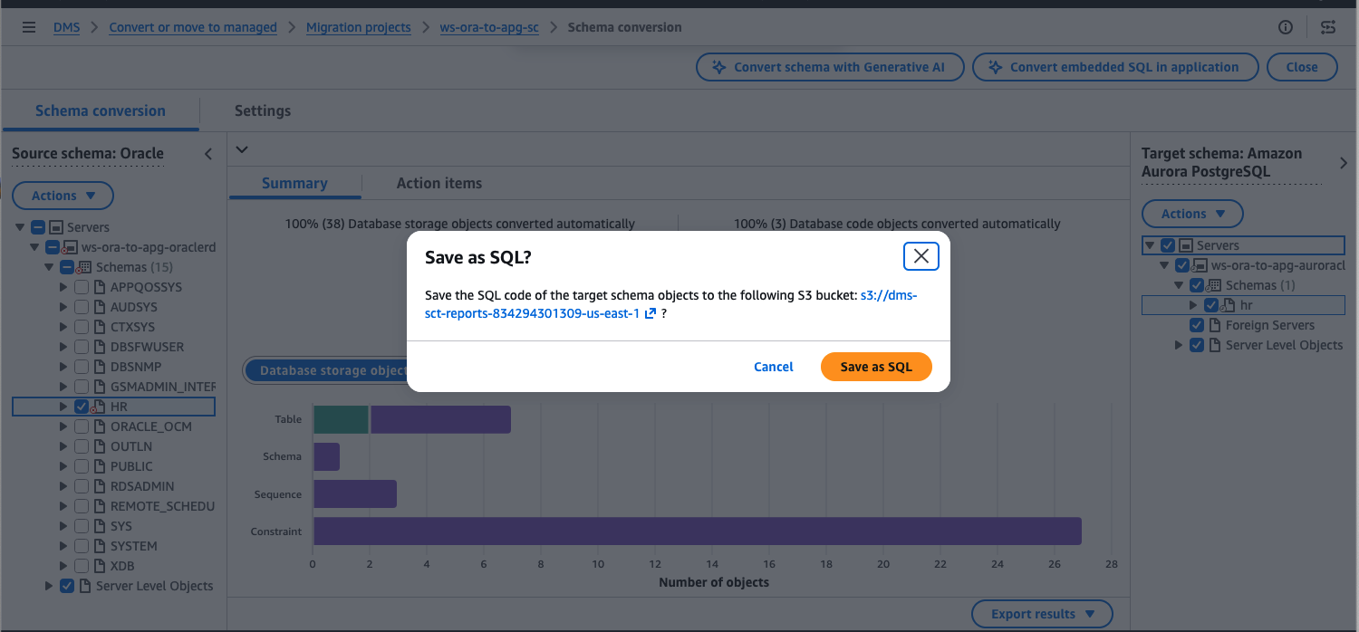 AWS DMS Schema conversion Save as SQL configuration dialog with output location settings
