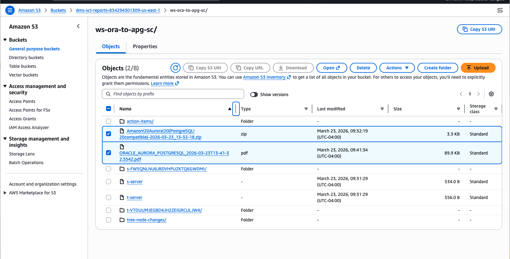 Amazon S3 bucket listing showing the generated schema conversion ZIP file and the PDF assessment report