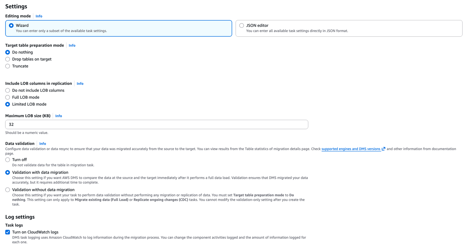 AWS DMS Create task page with Validation with data migration and Turn on CloudWatch logs both selected