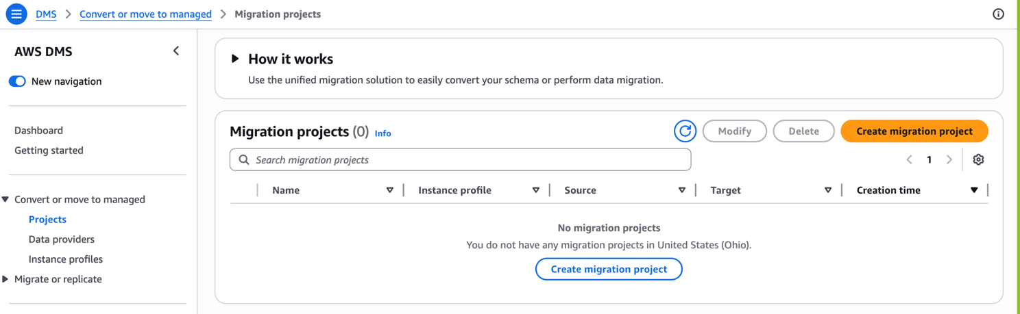 AWS DMS console showing the navigation pane with Convert or move to managed expanded and Projects selected