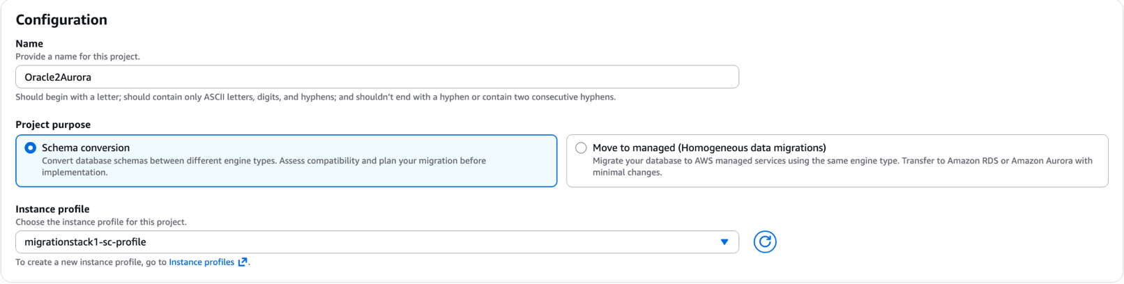 AWS DMS Create migration project page with project name Oracle2Aurora and Schema conversion selected as the project purpose