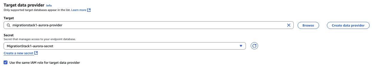 AWS DMS Create migration project page configured with the Aurora target provider, target secret, and IAM role settings