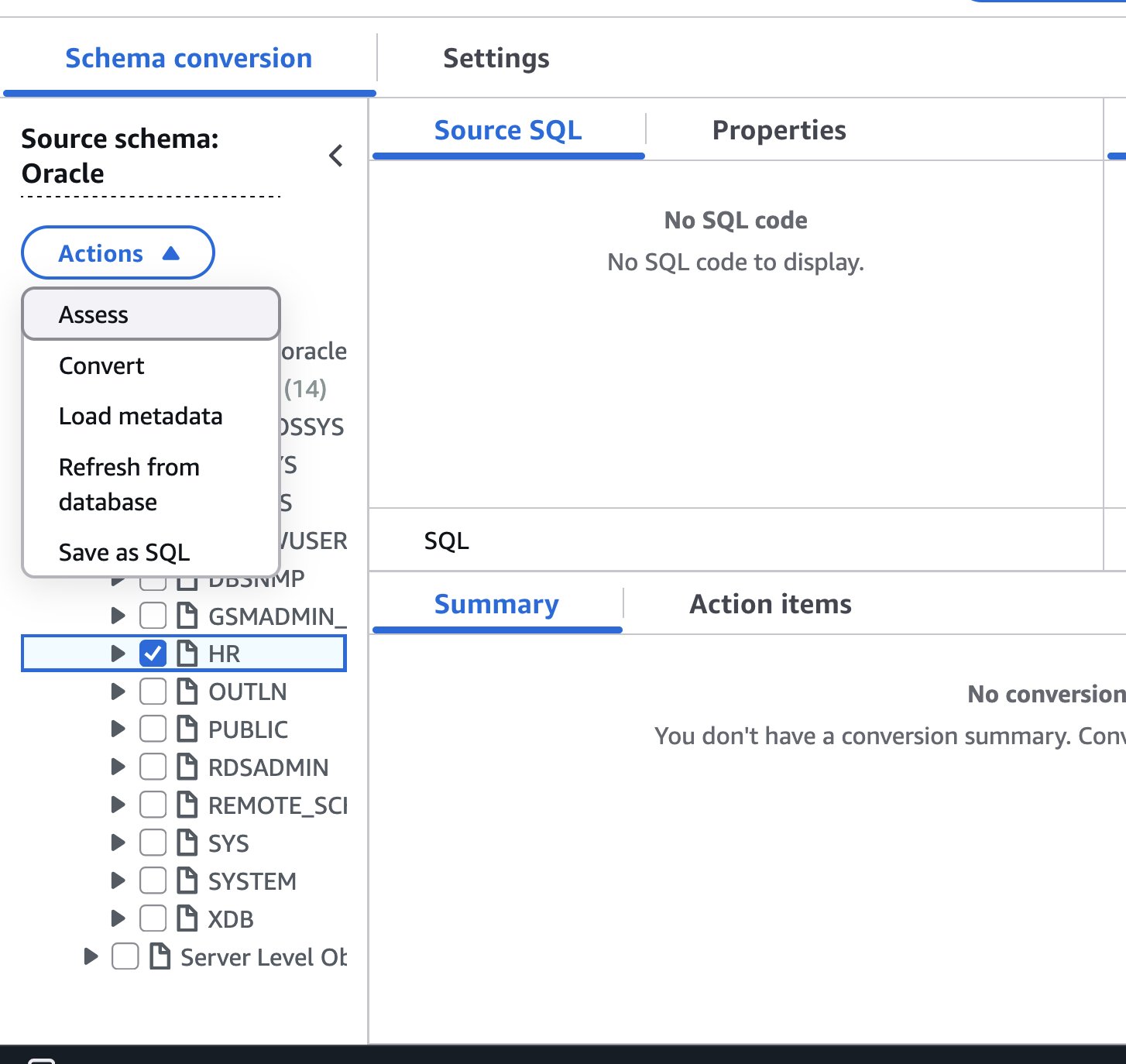 AWS DMS Schema conversion source schema panel showing the HR schema selected and the Actions menu open with Assess highlighted