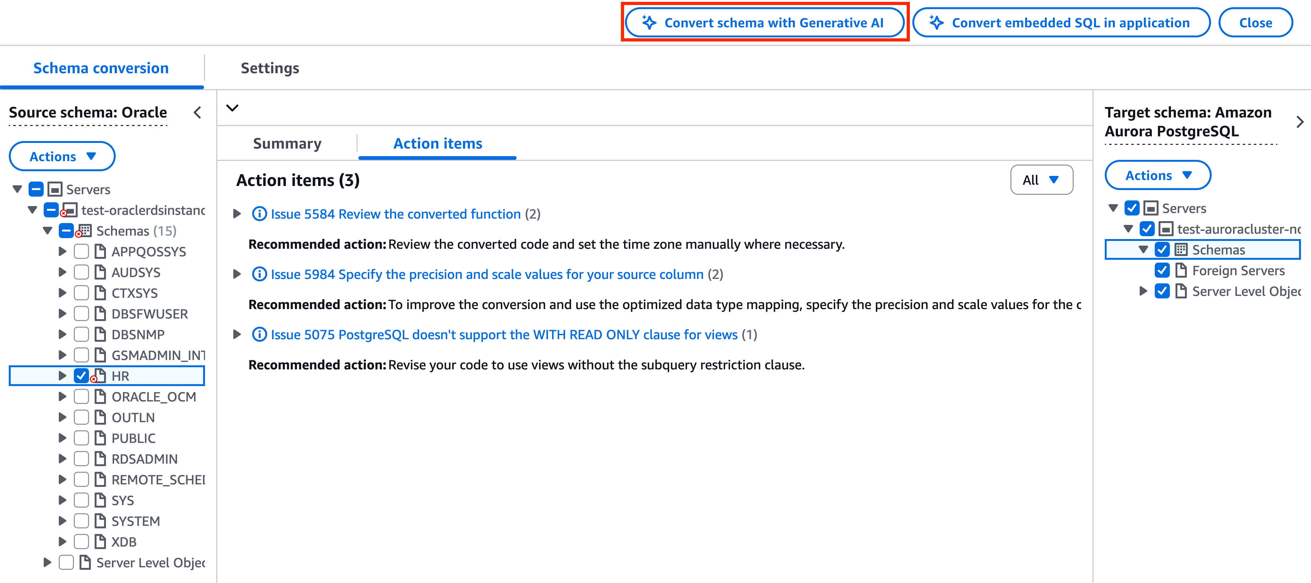 AWS DMS Schema conversion assessment report with the Summary and Action items sections expanded