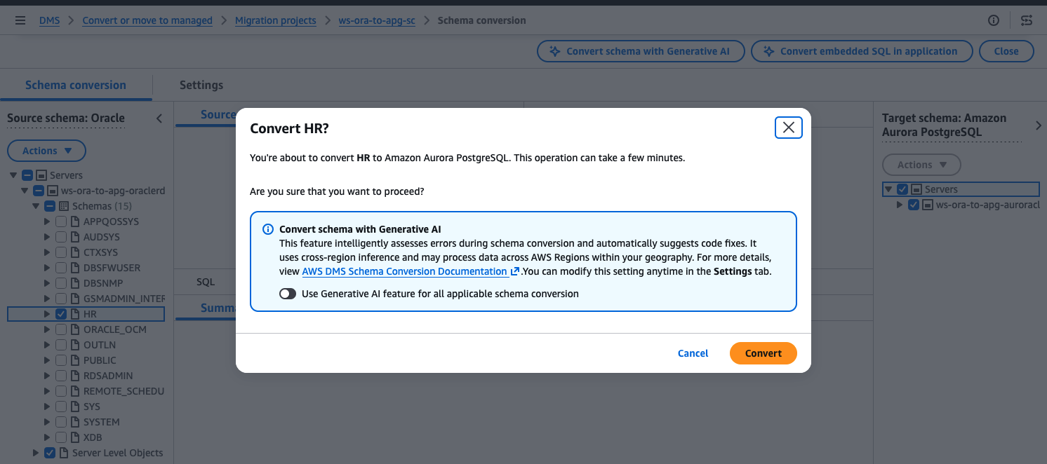 AWS DMS Schema conversion progress dialog showing the conversion process running for the HR schema