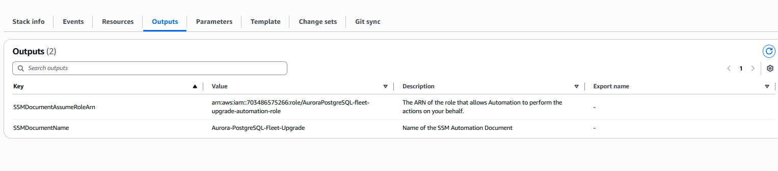 CloudFormation stack Outputs tab showing the IAM role ARN and the name of the SSM automation document created by the template