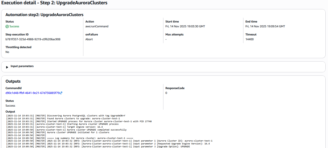 Systems Manager automation step output showing successful upgrade details for an Aurora PostgreSQL cluster, including step status and execution log links