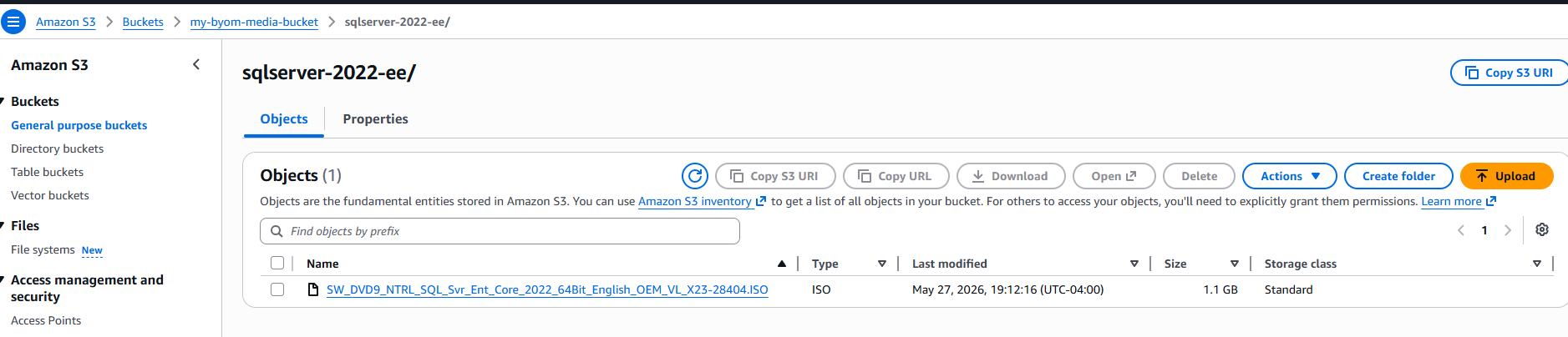 Terminal showing the SQL Server ISO file uploaded to the Amazon S3 bucket