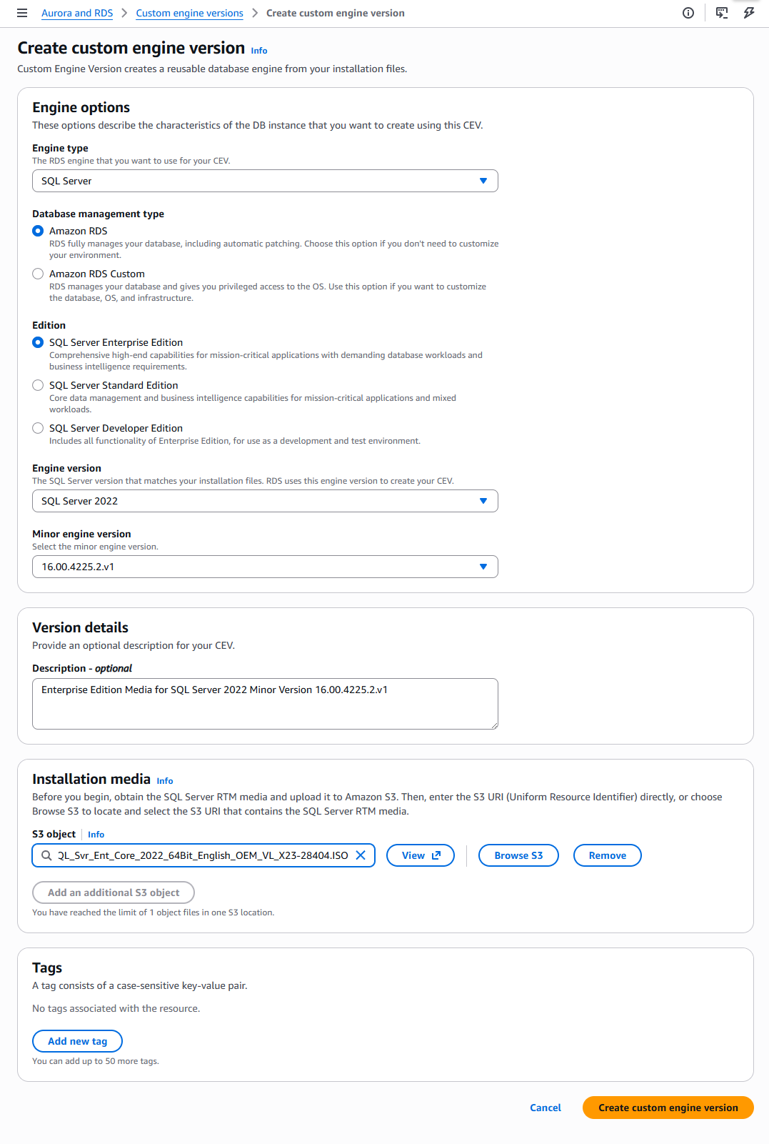 Amazon RDS console Create custom engine version page with the BYOM SQL Server installation media selected from the S3 bucket