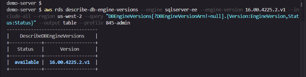 AWS CLI table output showing the BYOM engine version with available status