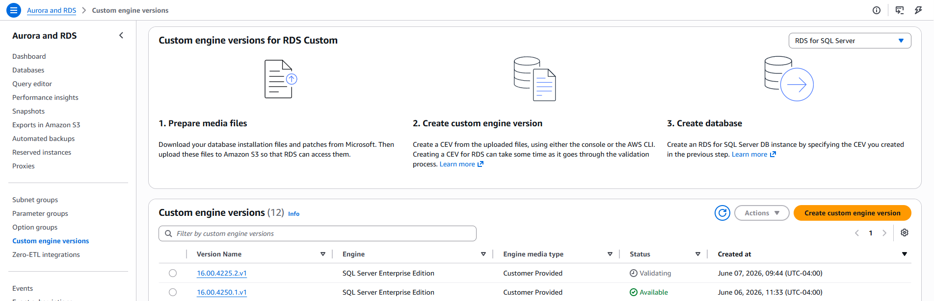 Amazon RDS console showing the BYOM engine version with status Available