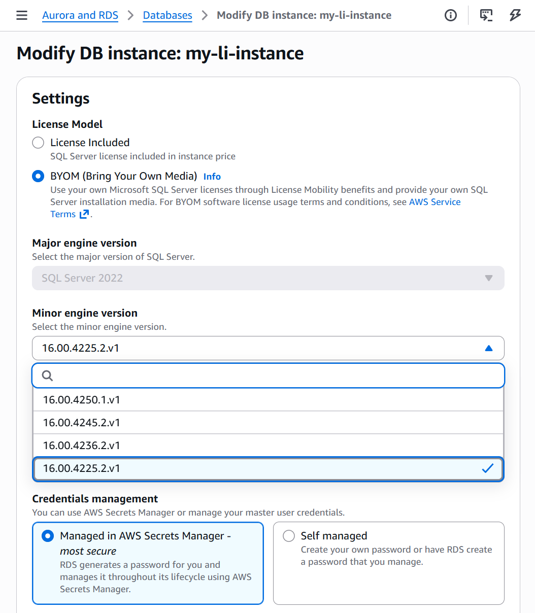 Amazon RDS console Modify DB instance page with the BYOM engine version selected from the version drop-down