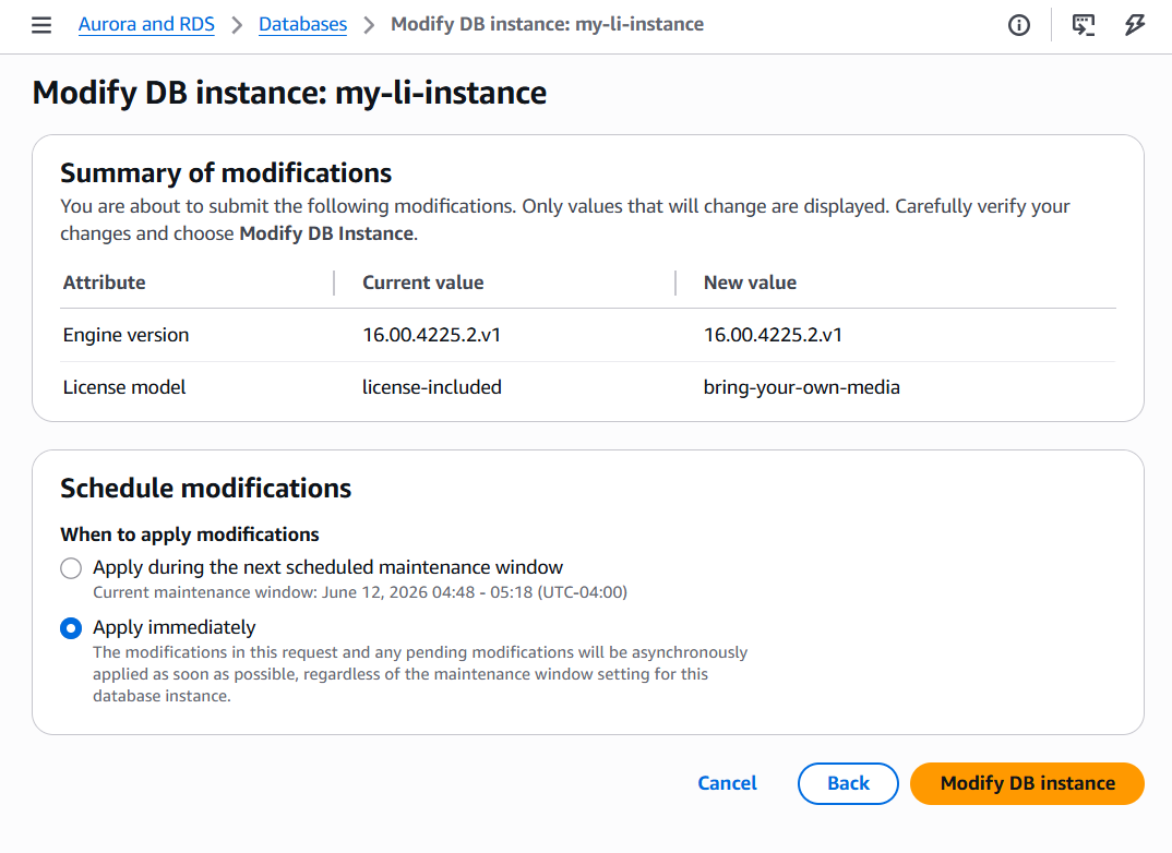 Amazon RDS console Modify DB instance page with the License model set to bring-your-own-media