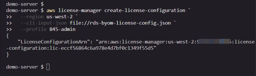 AWS CLI table output showing the new license configuration with its ARN