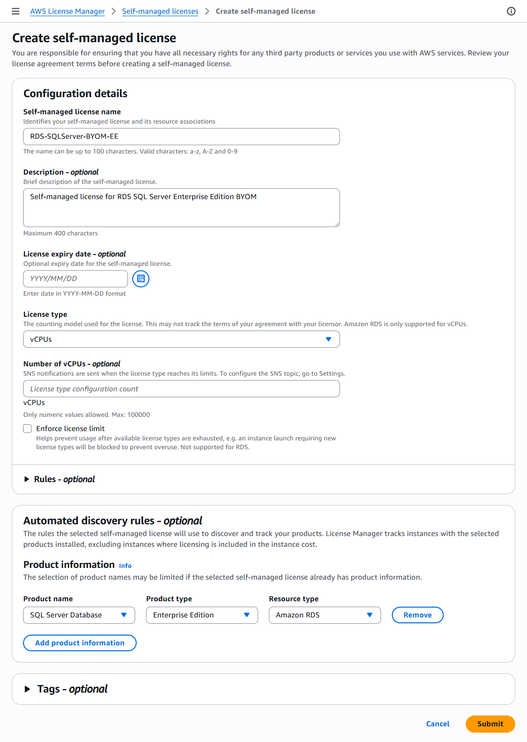 AWS License Manager console Self-managed licenses page with the new RDS-SQLServer-BYOM-EE license listed