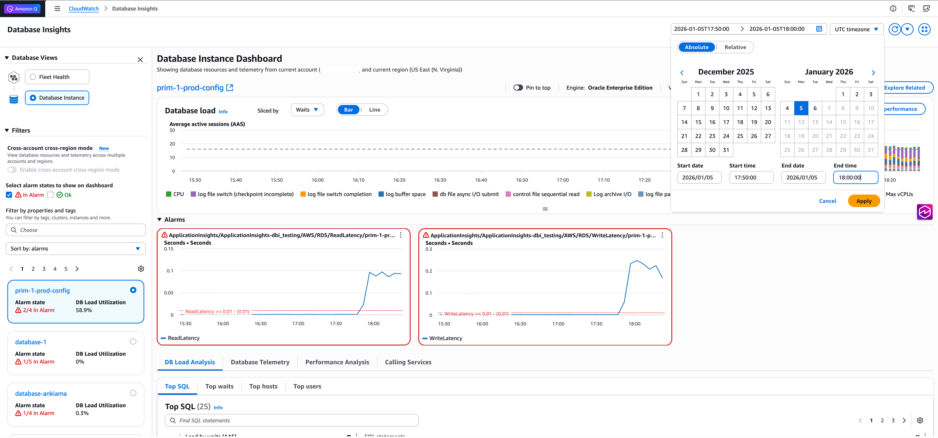 Custom time range selector in Database Insights for choosing the analysis window