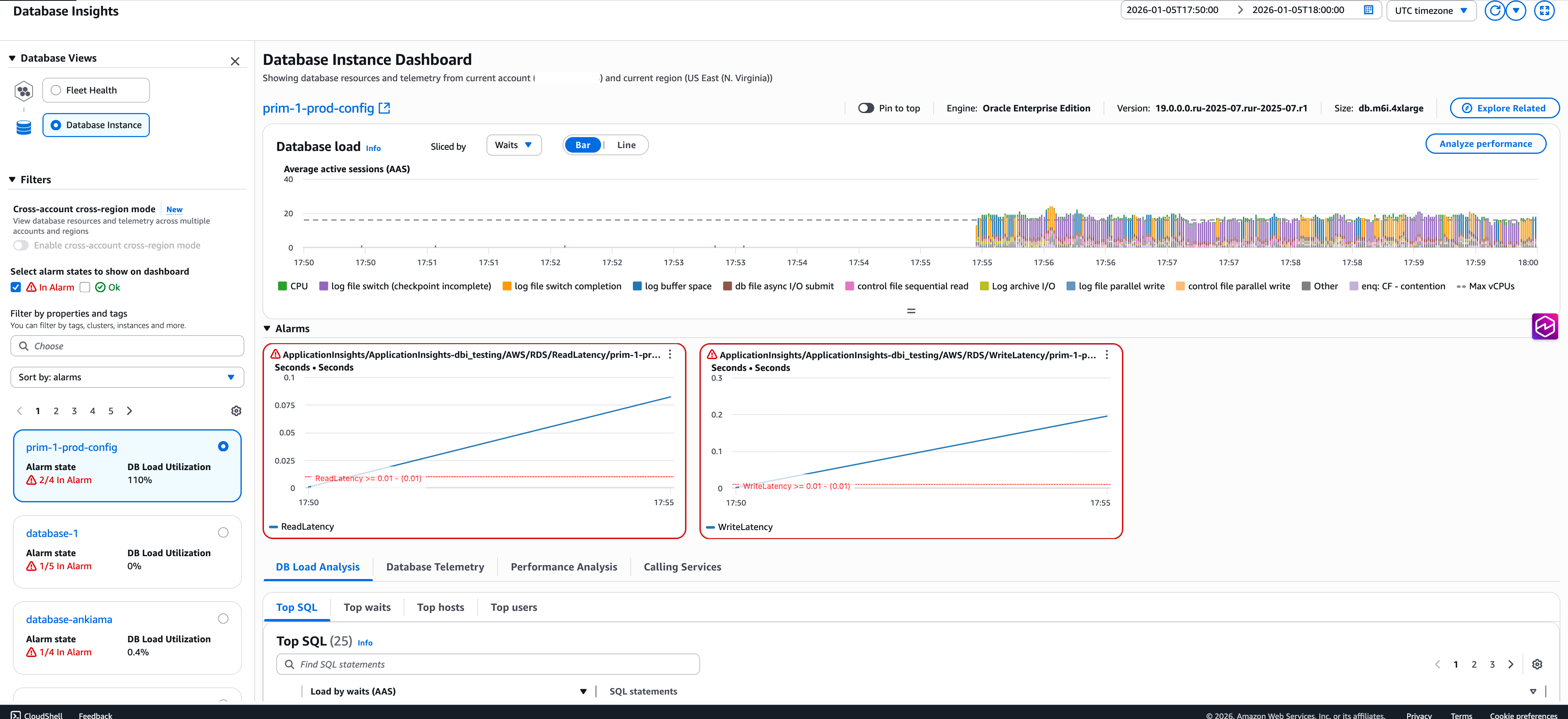 DBI alarm showing read and write latency above 10 milliseconds on the primary