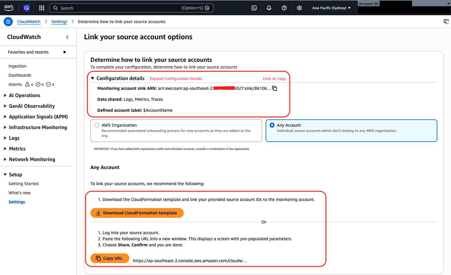Screenshot of the Resource to link accounts page with the Configuration details section displaying the monitoring account sink ARN and options to download the CloudFormation template or copy the URL.