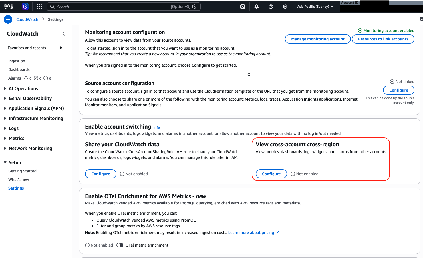 Screenshot of the CloudWatch Settings page showing the View cross-account cross-Region section with a Configure button to enable cross-account data sharing.